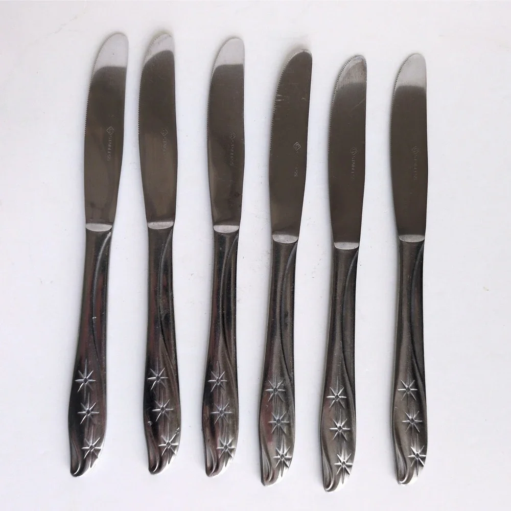 Vintage Starburst Atomic Star Stainless Steel Dinner Knives Japan Set of 6 MCM‎